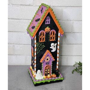 Halloween Gingerbread Haunted House Figure Orange Purple Black 14" Spooky NEW